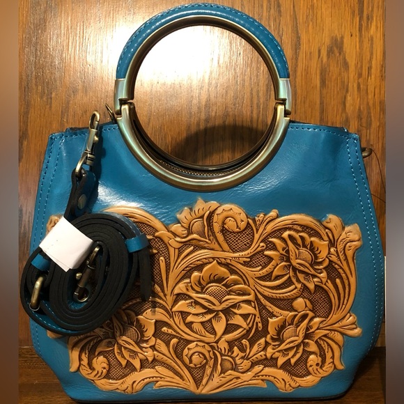 NWT-Patricia Nash-Aria Shopper-Natural Cavo Tooled Colorblock-Turquoise-$249 - Picture 10 of 16